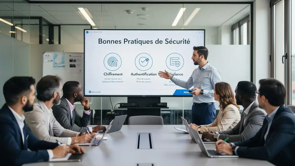 Responsable de la sécurité informatique formant des employés aux bonnes pratiques de partage de fichiers confidentiels lors d'une session de sensibilisation