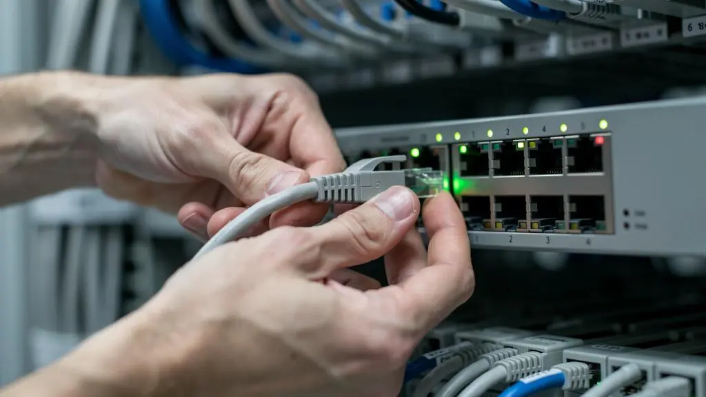 Technicien réseau connectant un câble sécurisé à un équipement de pare-feu professionnel dans une baie de serveurs